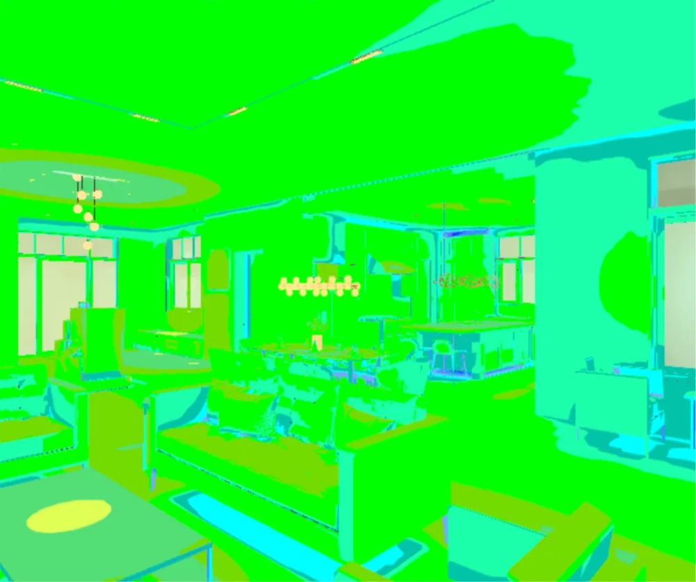 Living, the same view as a false colour illuminance study