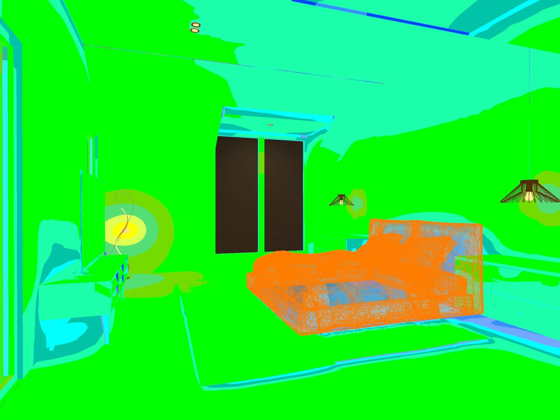 False colour illuminance study of the same bedroom view, hot spots on the bed and sconce