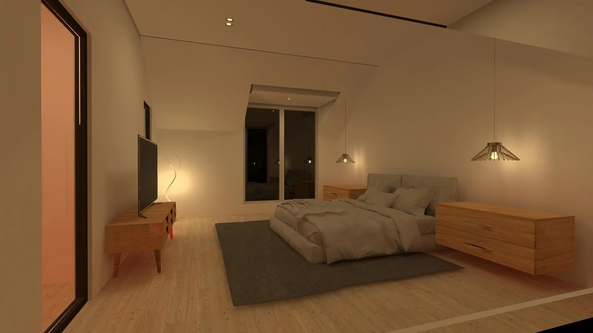Rendered primary bedroom, pendants and wall sconces at a warm evening level