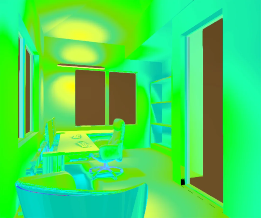 Study, the same view as a false colour illuminance study