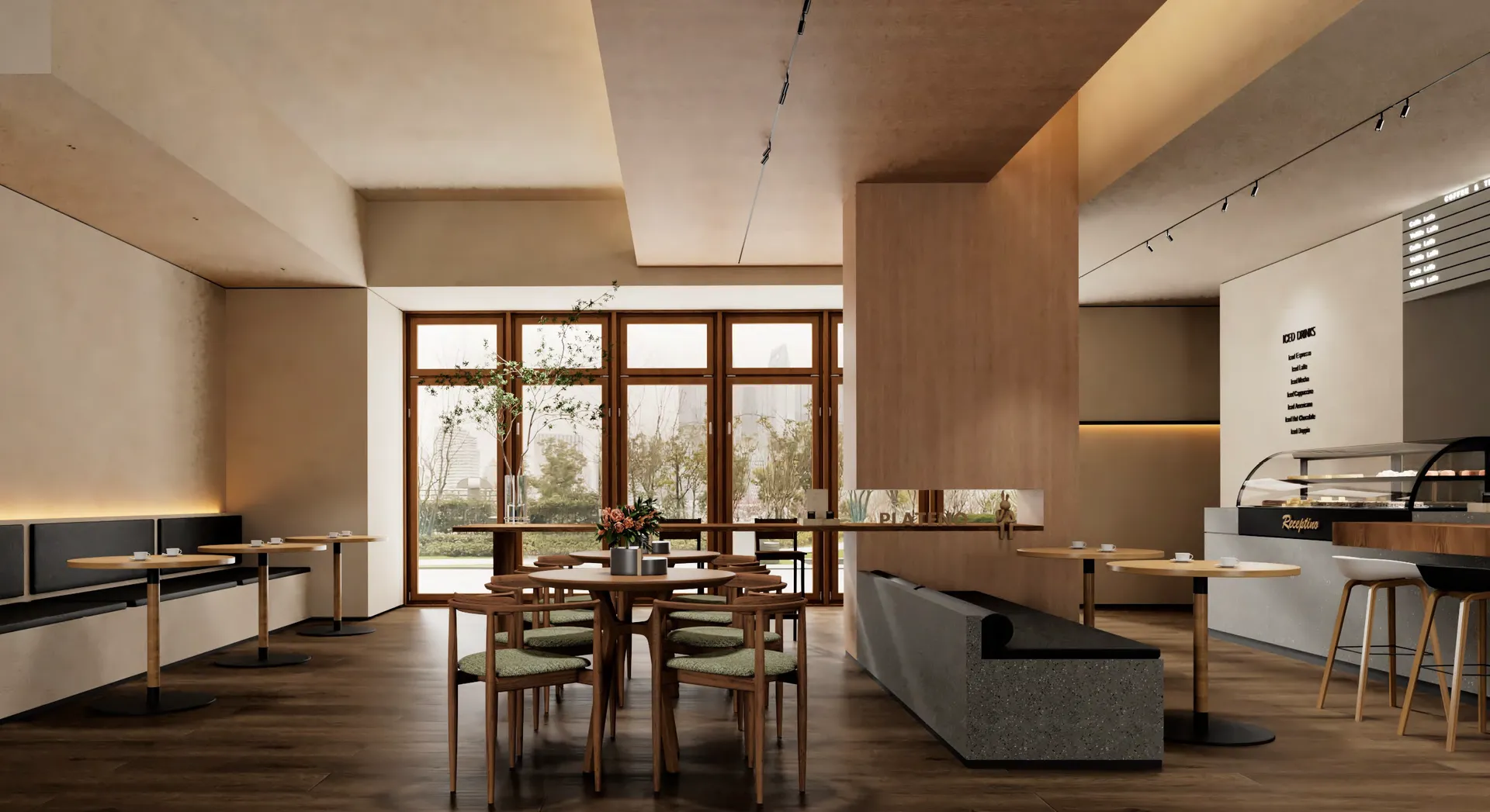 Cafe interior with track spotlights washing warm wood and stone surfaces