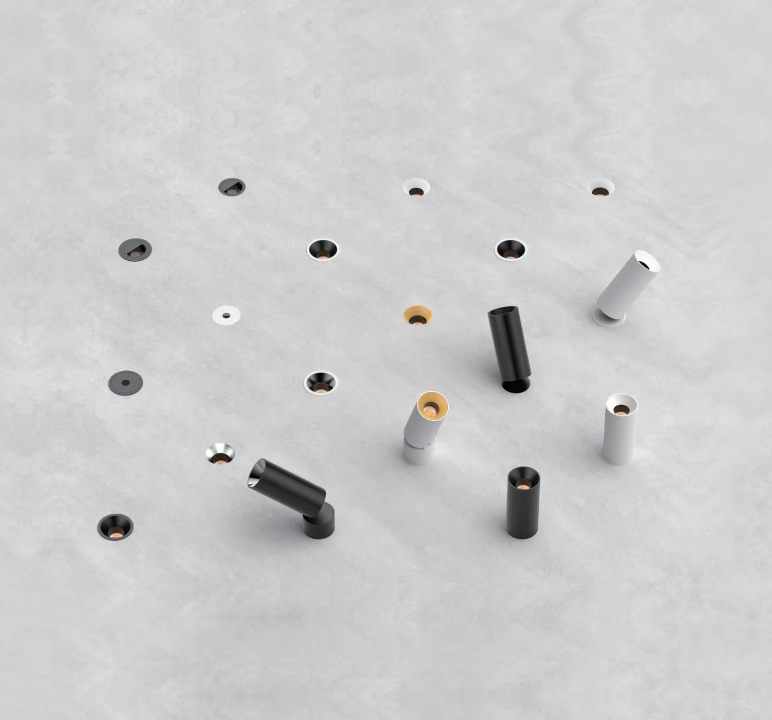 Fixed, adjustable, gimbal and trimless downlights set into one ceiling