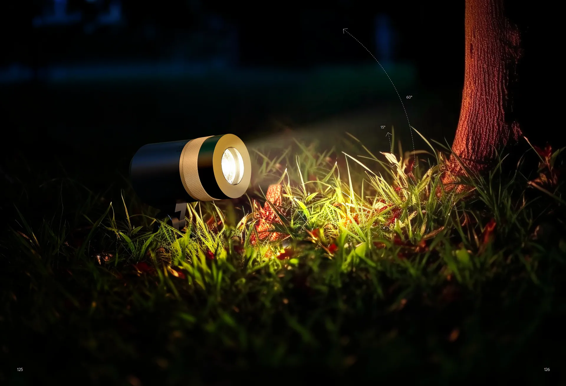 Spike-mounted garden spotlight grazing grass and a tree trunk at night