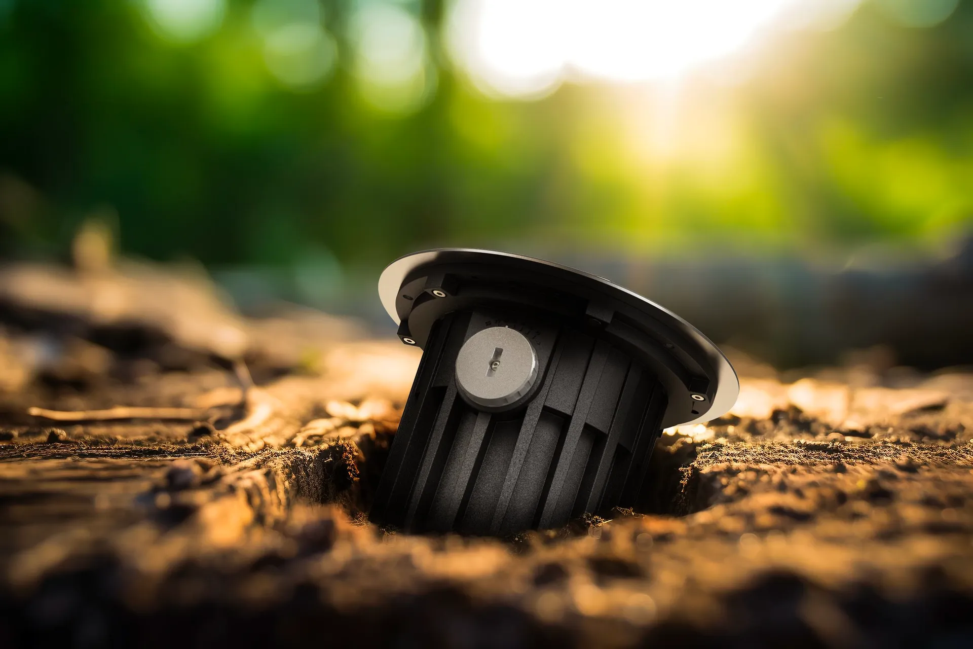 In-ground uplight set flush into weathered timber, woodland behind