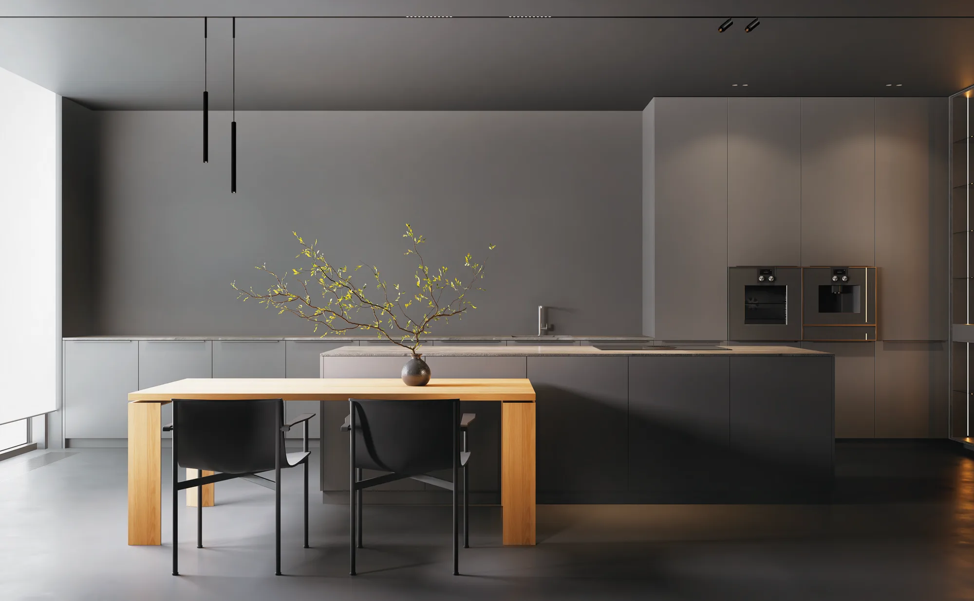 A recessed magnetic track run across a kitchen ceiling, carrying pendants and spots on the one rail