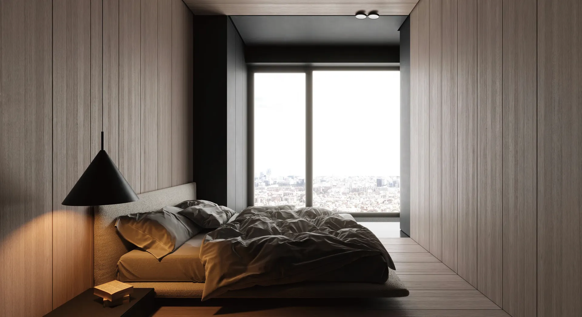 Wood paneled bedroom lit by recessed ceiling spots beside a black cone pendant
