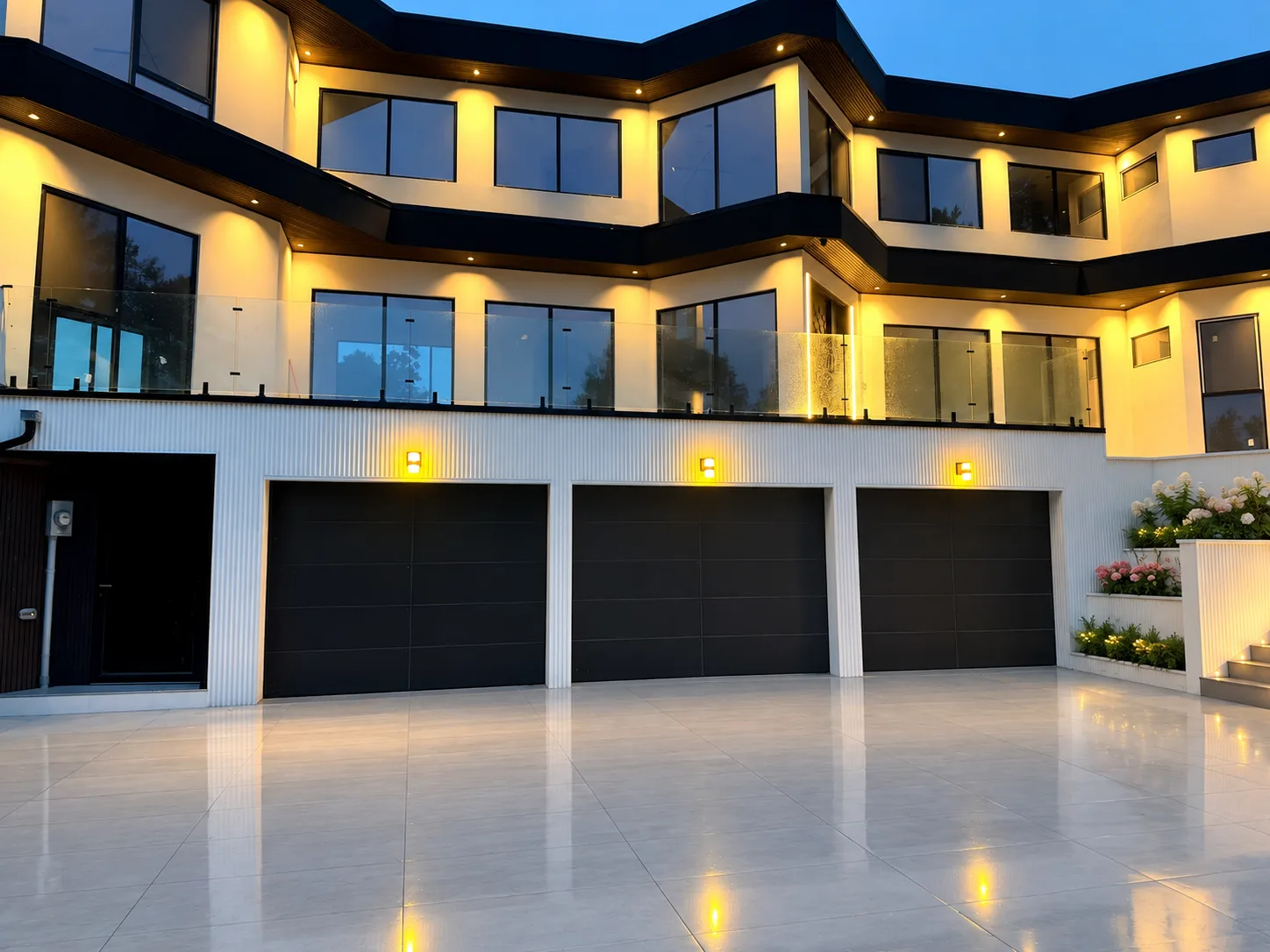 Curved facade at dusk, soffits washed in warm light above the garages