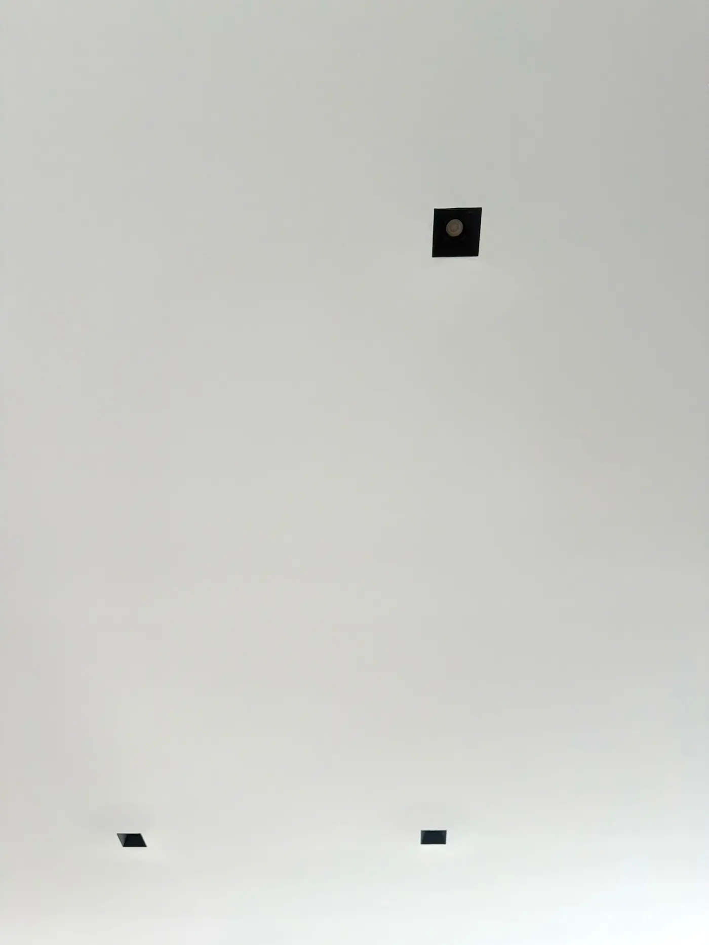 A pair of recessed downlights in an unbroken ceiling plane