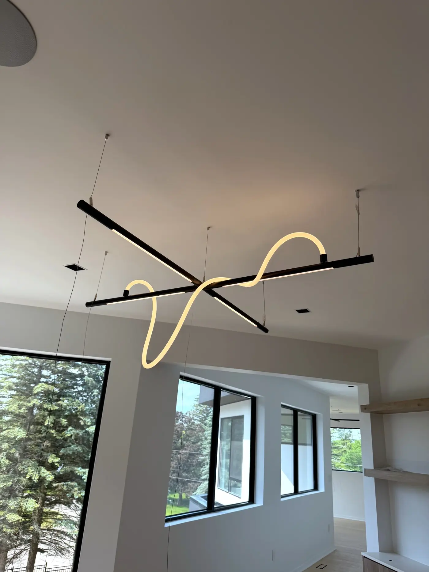 Living room with a linear pendant carrying a looping light